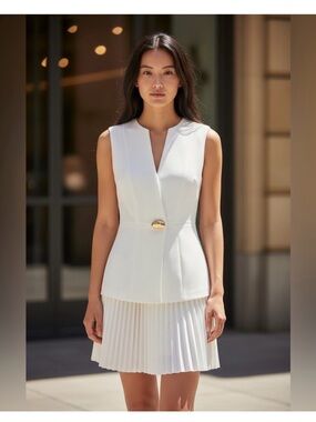 Commense Sleeveless White Pleated Hem Dress with Gold Button